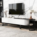 Meuble TV blanc extensible avec 3 tiroirs à fermeture amortie et pieds en métal noir
