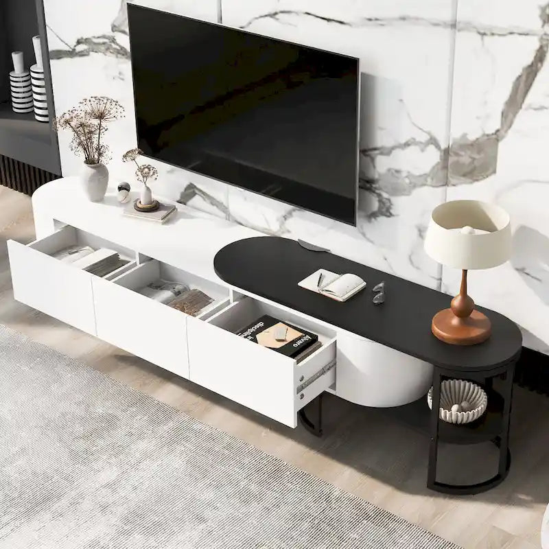 Meuble TV blanc extensible avec 3 tiroirs à fermeture amortie et pieds en métal noir