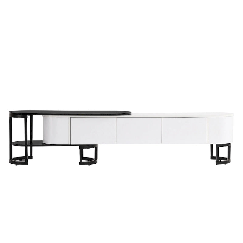 Meuble TV blanc extensible avec 3 tiroirs à fermeture amortie et pieds en métal noir