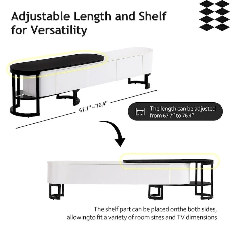 Meuble TV blanc extensible avec 3 tiroirs à fermeture amortie et pieds en métal noir