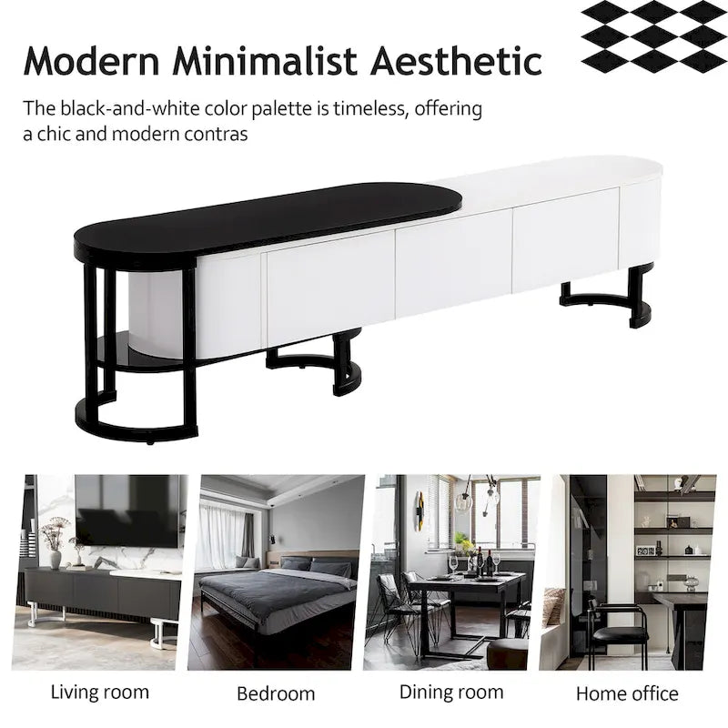 Meuble TV blanc extensible avec 3 tiroirs à fermeture amortie et pieds en métal noir