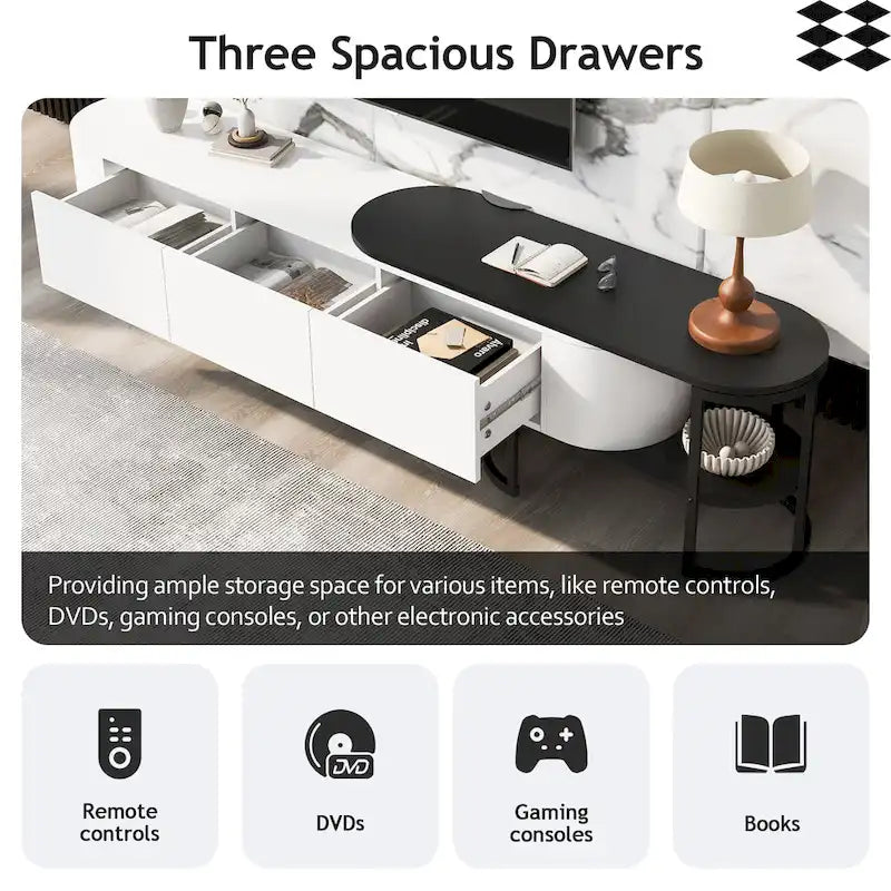 Meuble TV blanc extensible avec 3 tiroirs à fermeture amortie et pieds en métal noir