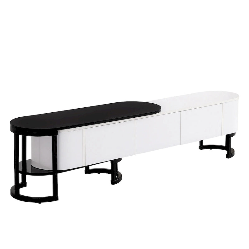 Meuble TV blanc extensible avec 3 tiroirs à fermeture amortie et pieds en métal noir