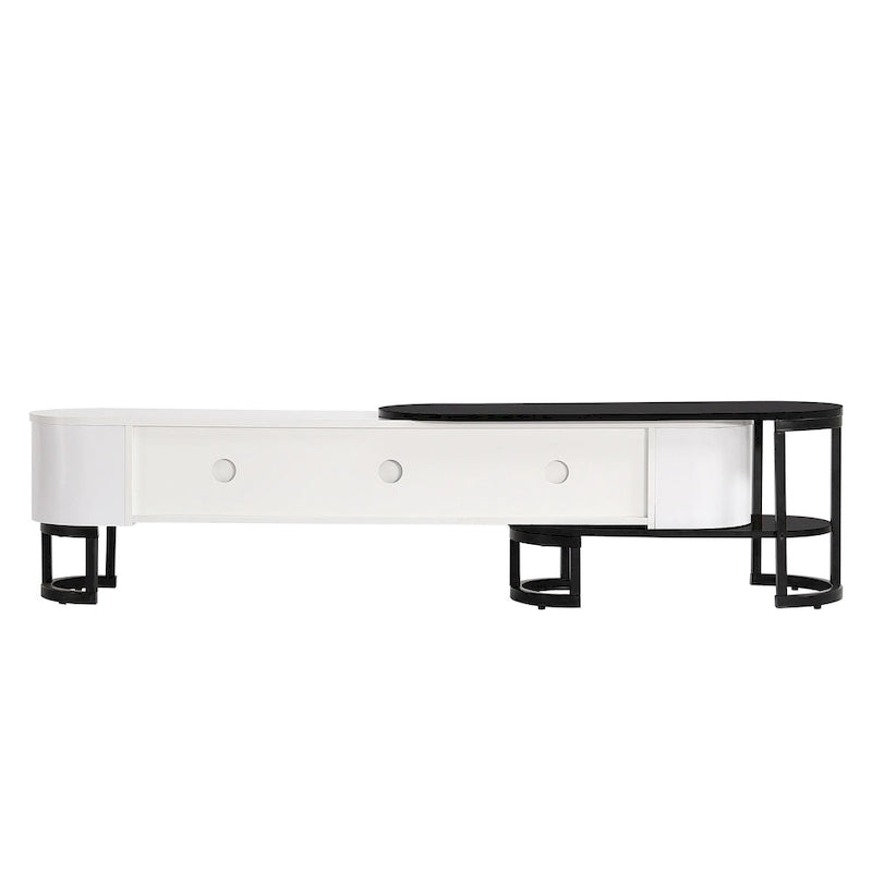 Meuble TV blanc extensible avec 3 tiroirs à fermeture amortie et pieds en métal noir