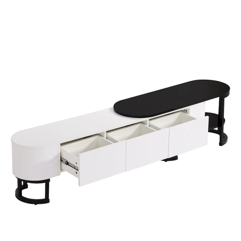 Meuble TV blanc extensible avec 3 tiroirs à fermeture amortie et pieds en métal noir