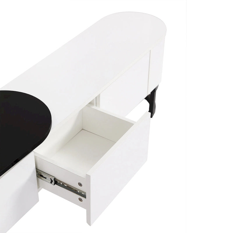 Meuble TV blanc extensible avec 3 tiroirs à fermeture amortie et pieds en métal noir