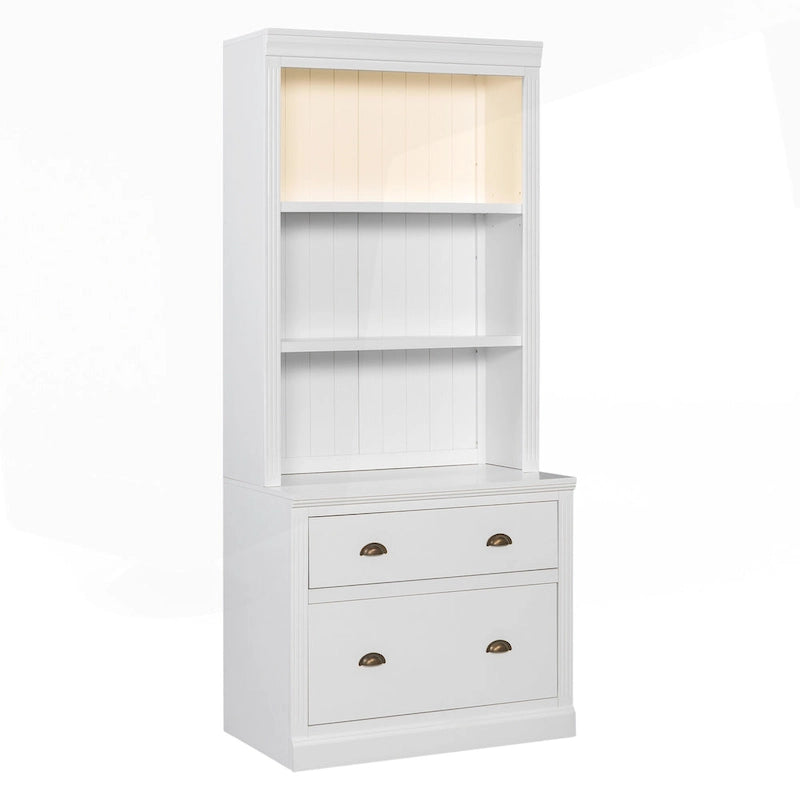 Bibliothèque haute blanche avec éclairage LED et meuble de rangement à 2 tiroirs