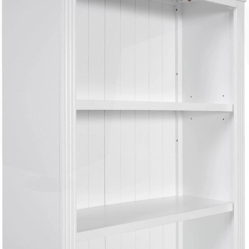 Bibliothèque haute blanche avec éclairage LED et meuble de rangement à 2 tiroirs