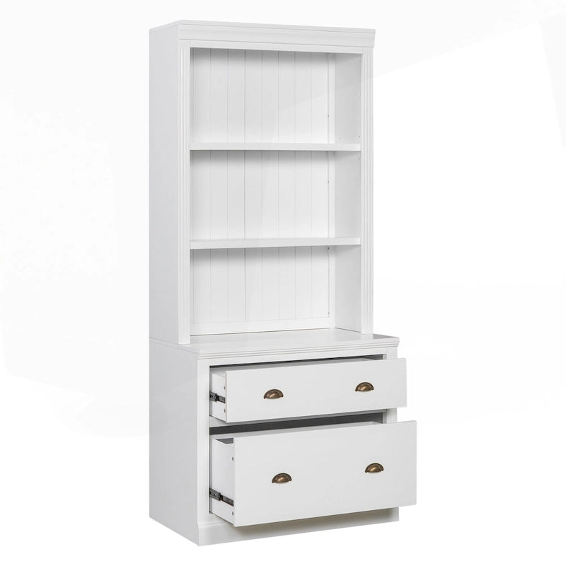 Bibliothèque haute blanche avec éclairage LED et meuble de rangement à 2 tiroirs