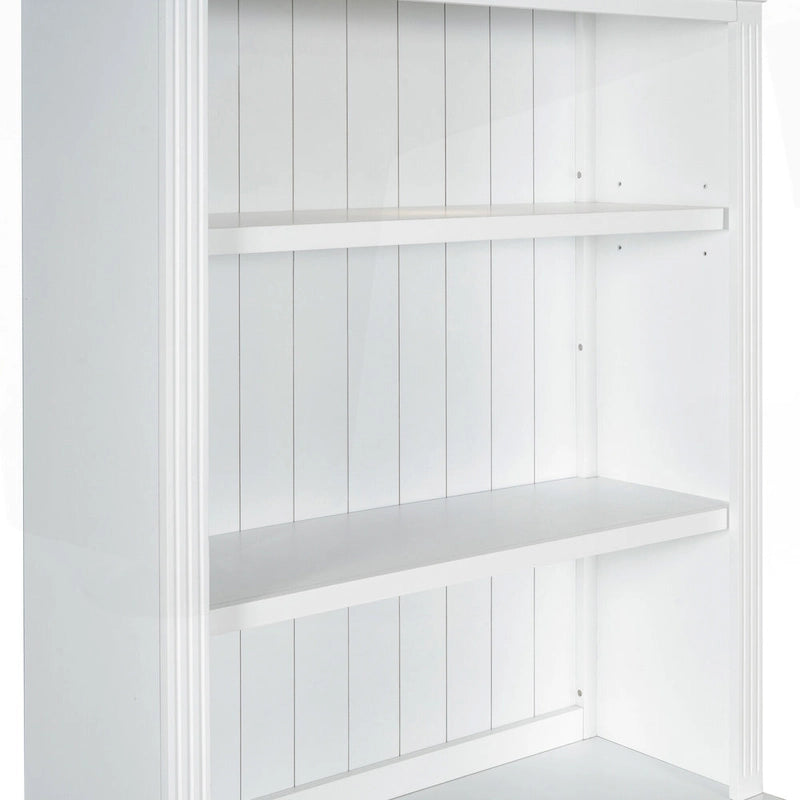 Bibliothèque haute blanche avec éclairage LED et meuble de rangement à 2 tiroirs