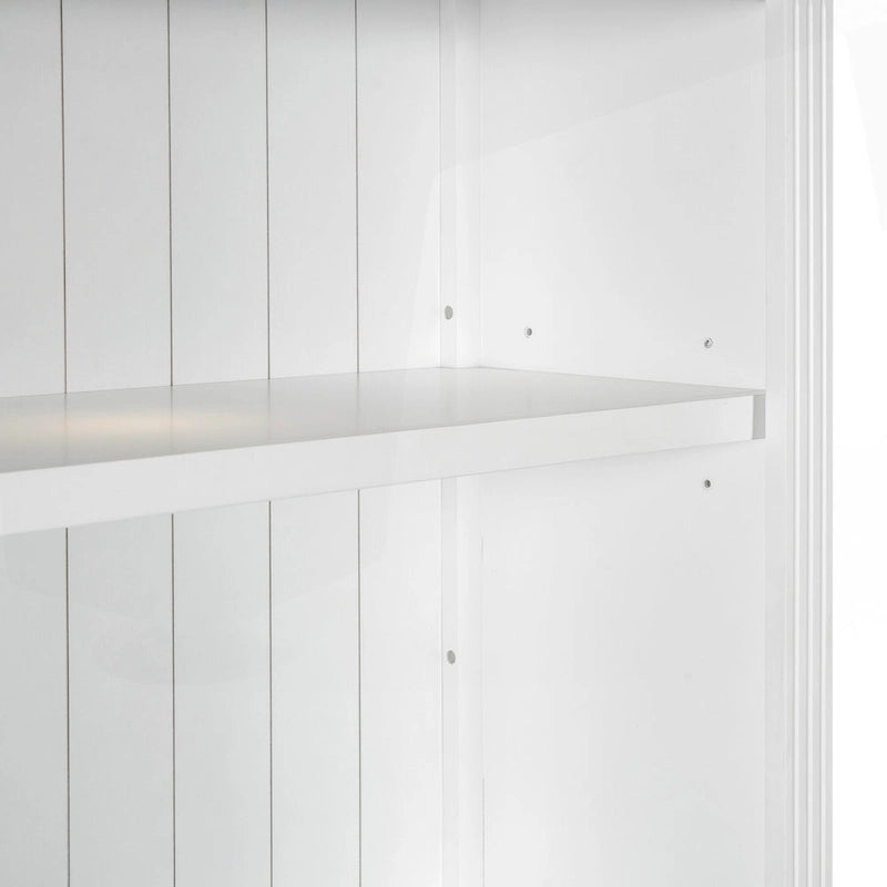 Bibliothèque haute blanche avec éclairage LED et meuble de rangement à 2 tiroirs