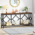 Console extra longue avec étagère de rangement ouverte, cadre en métal noir, marron rustique