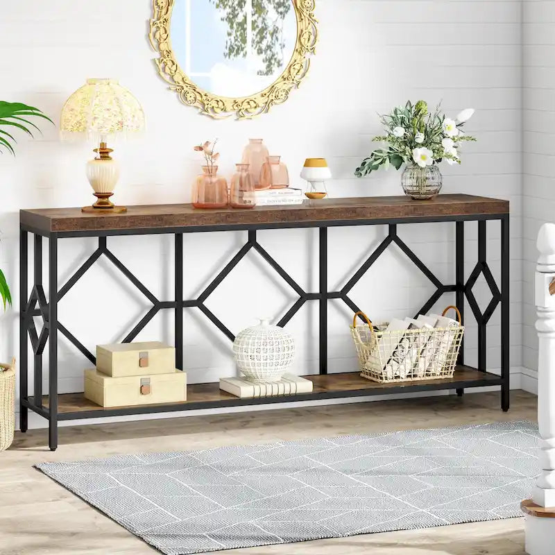 Console extra longue avec étagère de rangement ouverte, cadre en métal noir, marron rustique