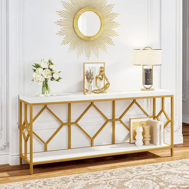 Console extra longue avec étagère de rangement ouverte, cadre en métal noir, marron rustique