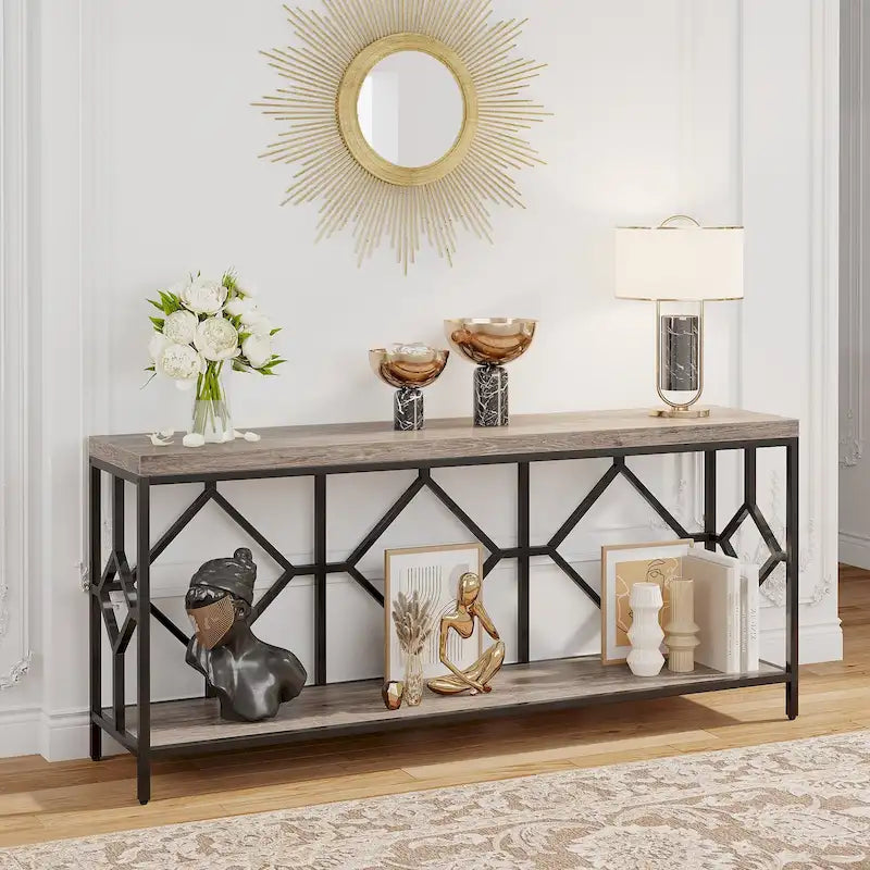 Console extra longue avec étagère de rangement ouverte, cadre en métal noir, marron rustique