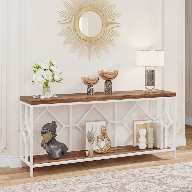 Console extra longue avec étagère de rangement ouverte, cadre en métal noir, marron rustique
