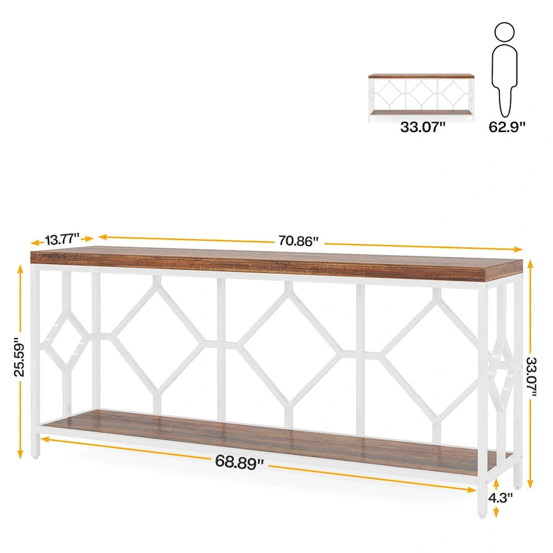 Console extra longue avec étagère de rangement ouverte, cadre en métal noir, marron rustique