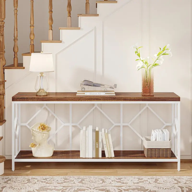 Console extra longue avec étagère de rangement ouverte, cadre en métal noir, marron rustique