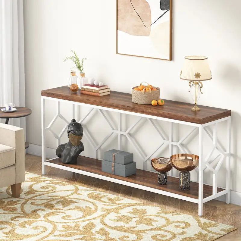 Console extra longue avec étagère de rangement ouverte, cadre en métal noir, marron rustique
