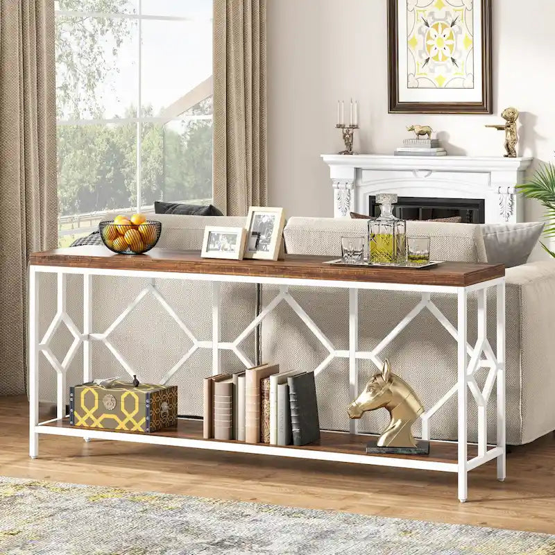 Console extra longue avec étagère de rangement ouverte, cadre en métal noir, marron rustique