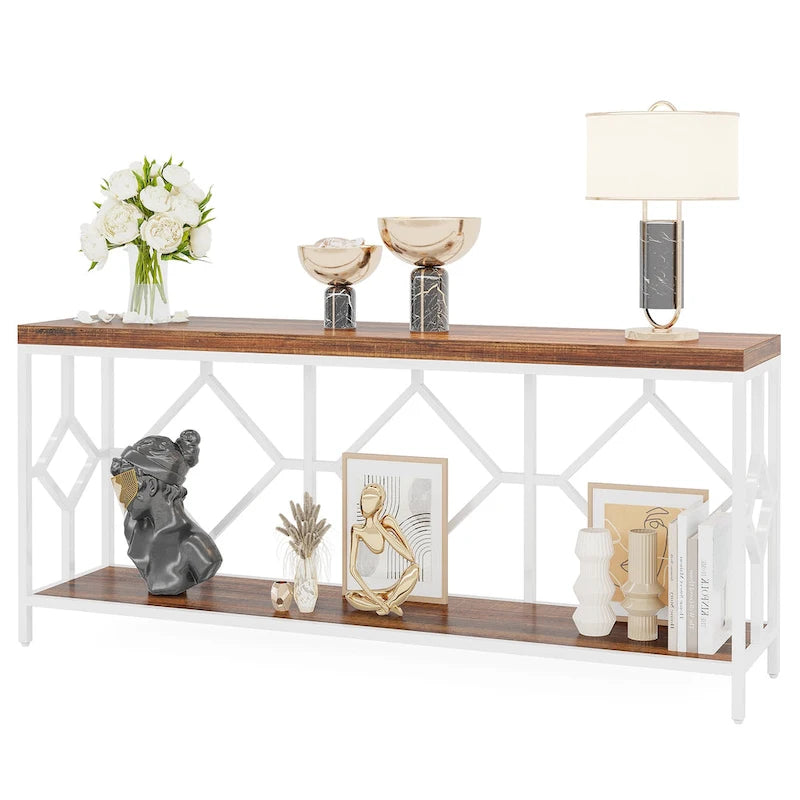 Console extra longue avec étagère de rangement ouverte, cadre en métal noir, marron rustique