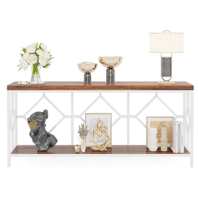 Console extra longue avec étagère de rangement ouverte, cadre en métal noir, marron rustique