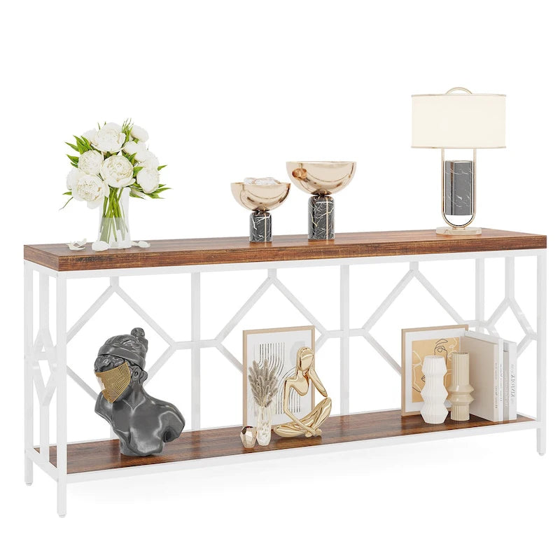 Console extra longue avec étagère de rangement ouverte, cadre en métal noir, marron rustique