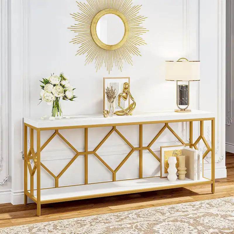 Console extra longue avec étagère de rangement ouverte, cadre en métal noir, marron rustique
