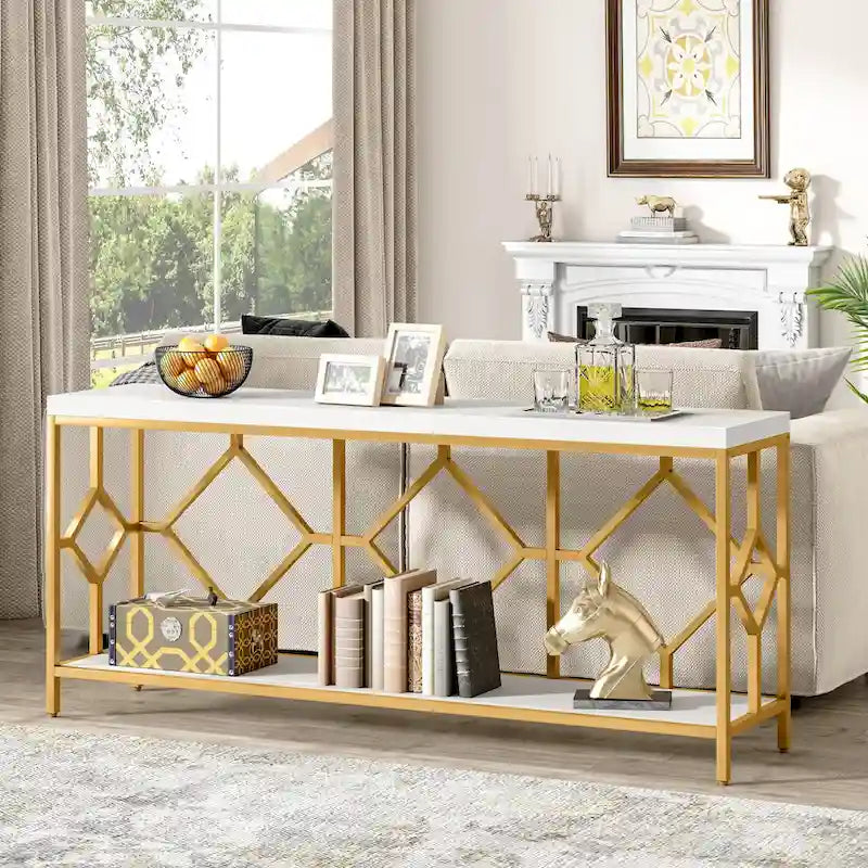 Console extra longue avec étagère de rangement ouverte, cadre en métal noir, marron rustique