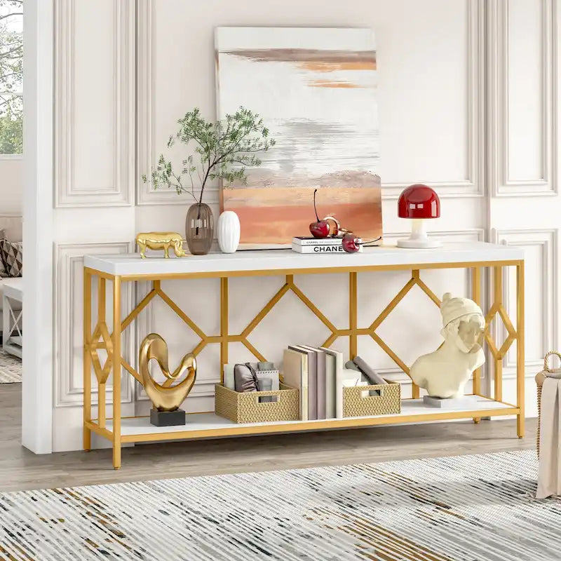 Console extra longue avec étagère de rangement ouverte, cadre en métal noir, marron rustique