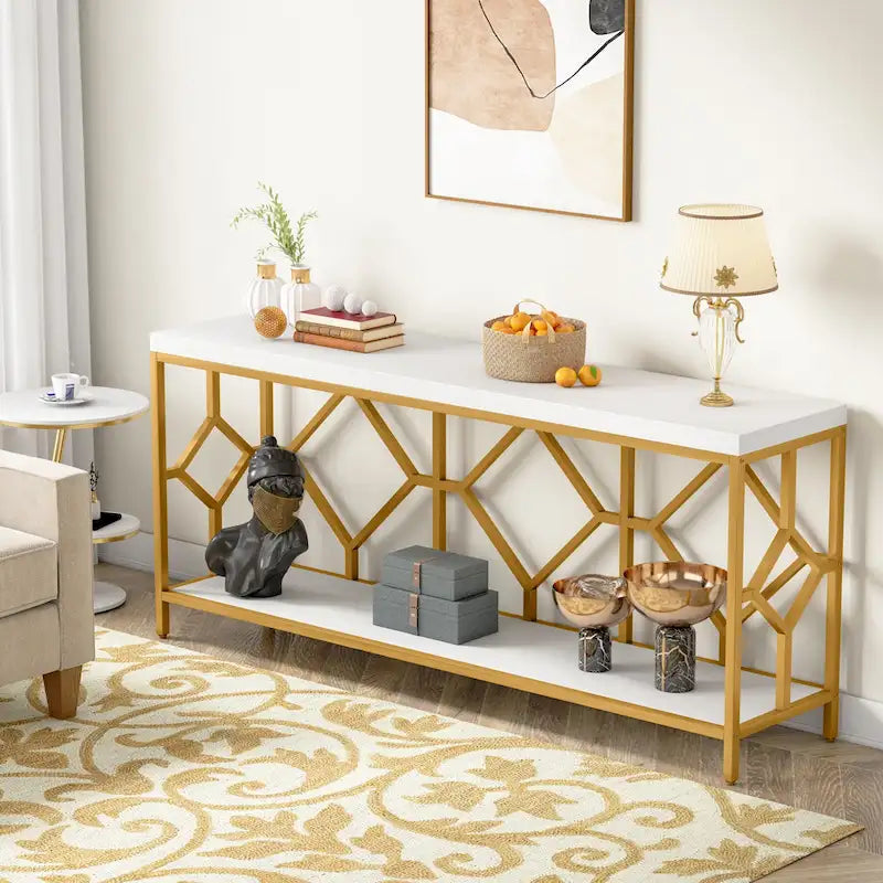 Console extra longue avec étagère de rangement ouverte, cadre en métal noir, marron rustique