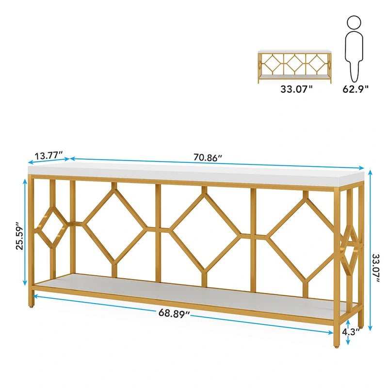 Console extra longue avec étagère de rangement ouverte, cadre en métal noir, marron rustique