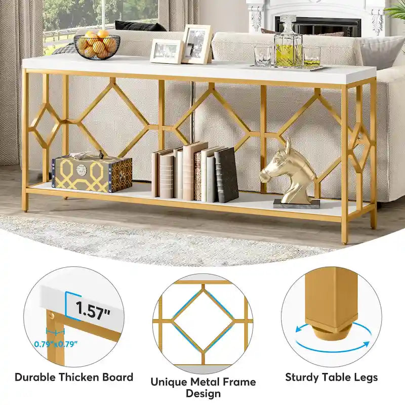 Console extra longue avec étagère de rangement ouverte, cadre en métal noir, marron rustique