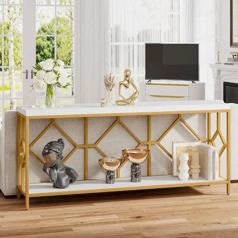 Console extra longue avec étagère de rangement ouverte, cadre en métal noir, marron rustique