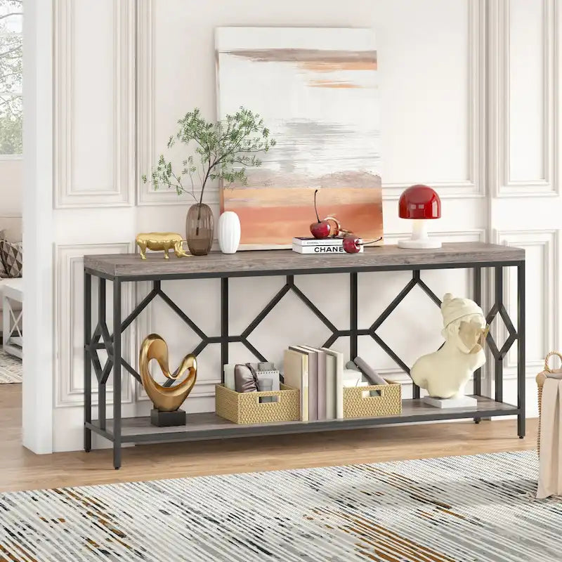 Console extra longue avec étagère de rangement ouverte, cadre en métal noir, marron rustique