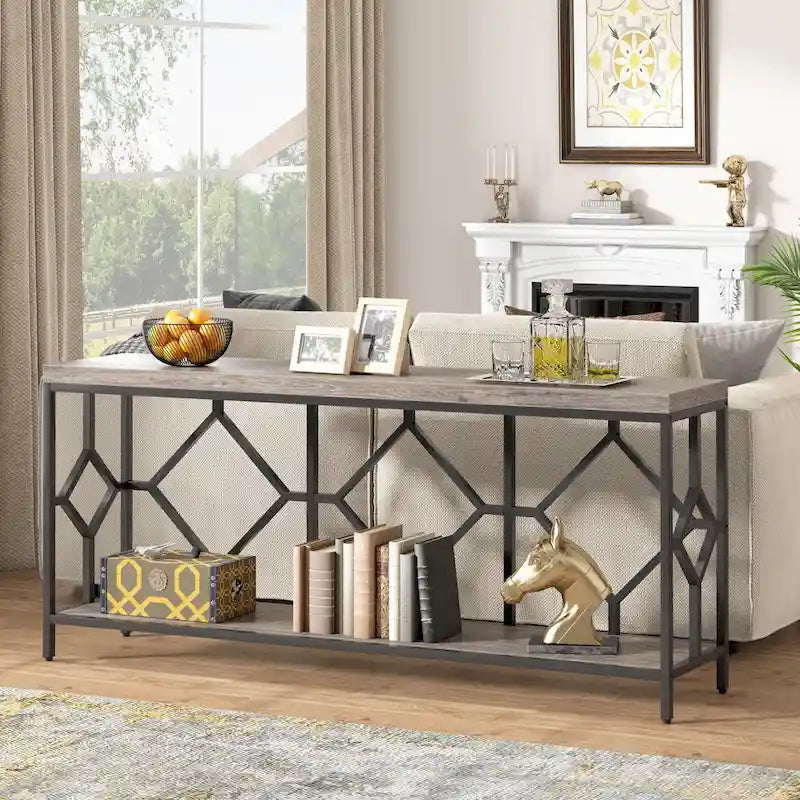 Console extra longue avec étagère de rangement ouverte, cadre en métal noir, marron rustique