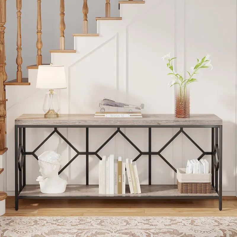 Console extra longue avec étagère de rangement ouverte, cadre en métal noir, marron rustique