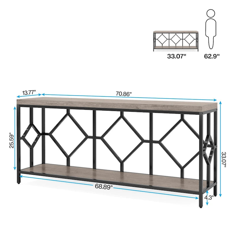 Console extra longue avec étagère de rangement ouverte, cadre en métal noir, marron rustique