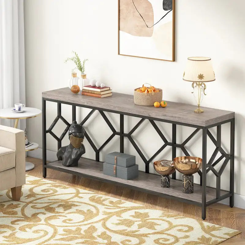 Console extra longue avec étagère de rangement ouverte, cadre en métal noir, marron rustique