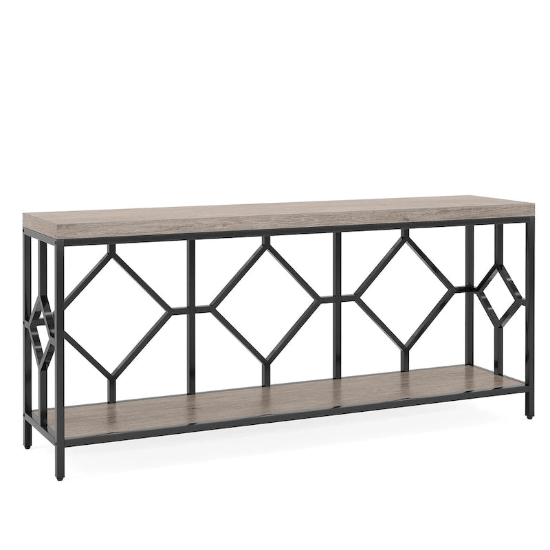 Console extra longue avec étagère de rangement ouverte, cadre en métal noir, marron rustique