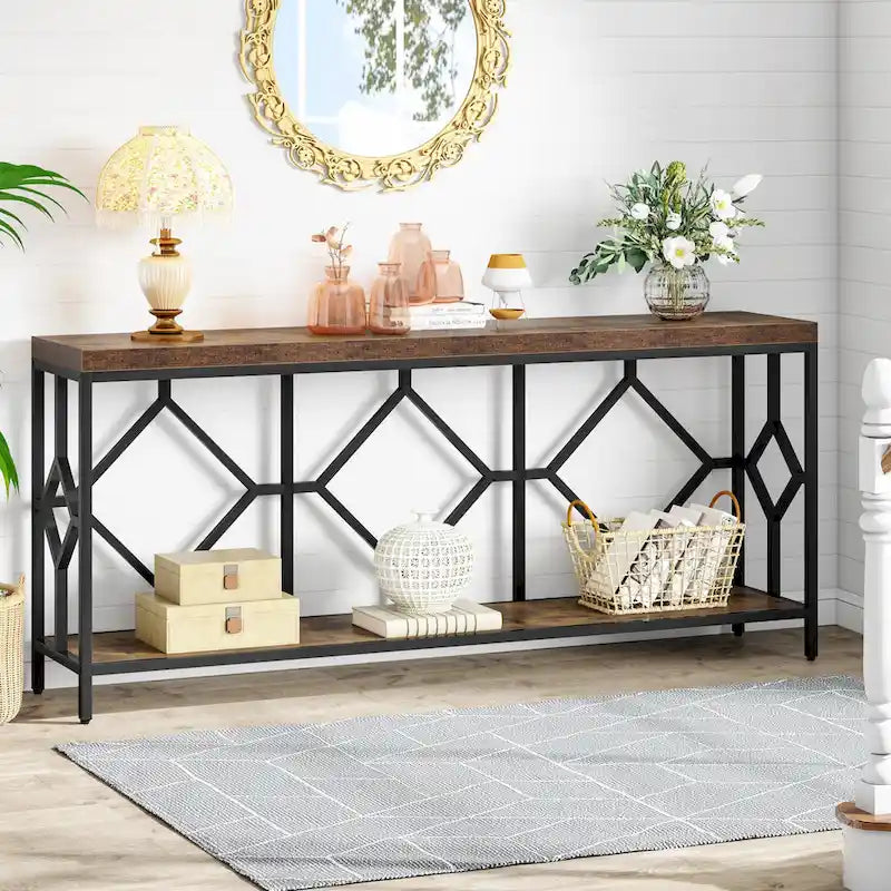 Console extra longue avec étagère de rangement ouverte, cadre en métal noir, marron rustique