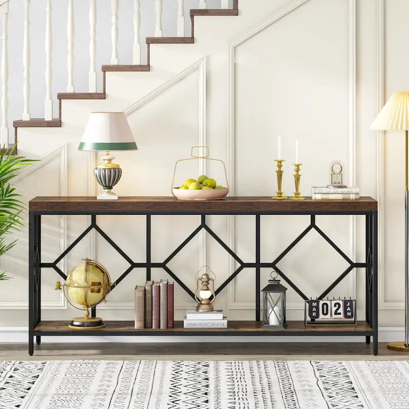 Console extra longue avec étagère de rangement ouverte, cadre en métal noir, marron rustique