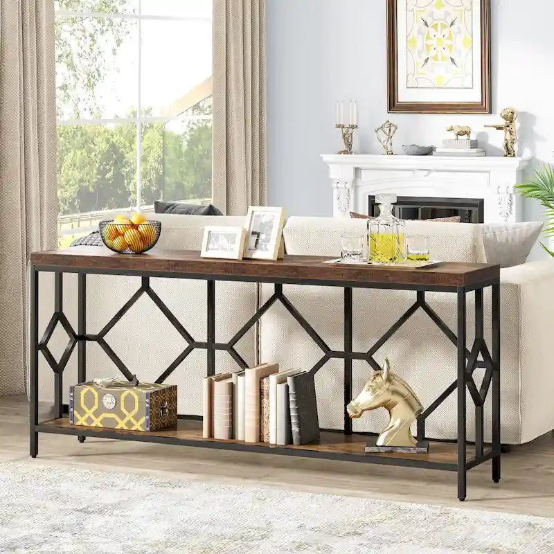 Console extra longue avec étagère de rangement ouverte, cadre en métal noir, marron rustique