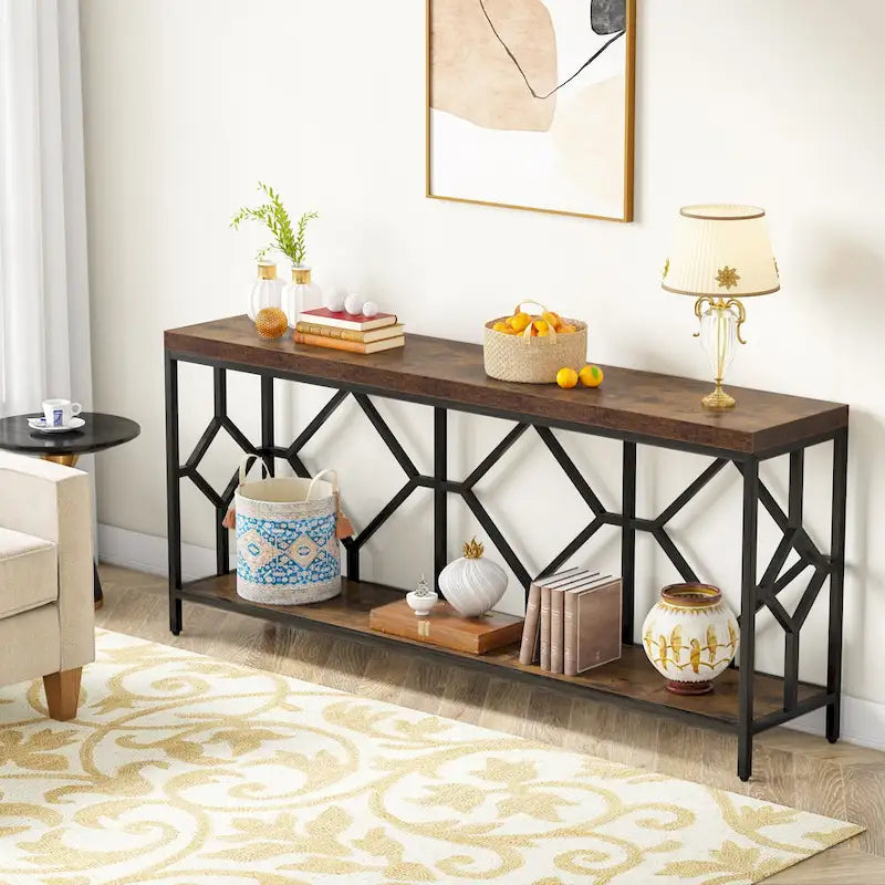 Console extra longue avec étagère de rangement ouverte, cadre en métal noir, marron rustique