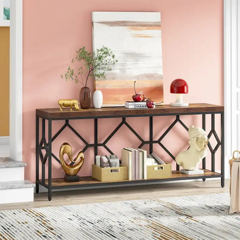 Console extra longue avec étagère de rangement ouverte, cadre en métal noir, marron rustique