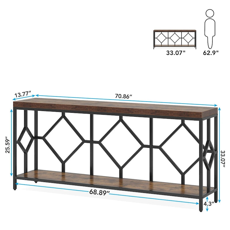 Console extra longue avec étagère de rangement ouverte, cadre en métal noir, marron rustique