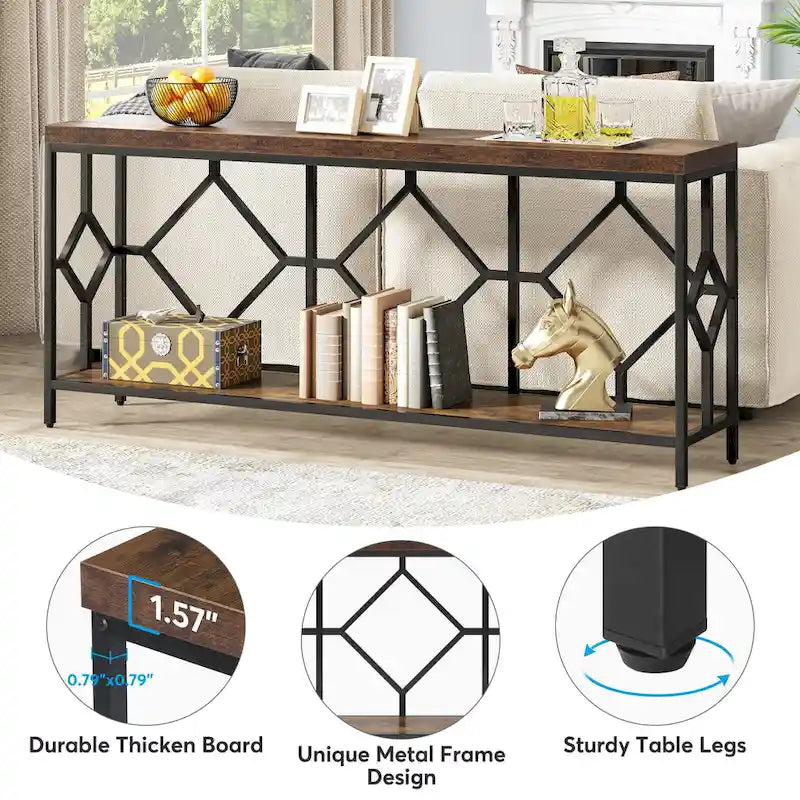 Console extra longue avec étagère de rangement ouverte, cadre en métal noir, marron rustique