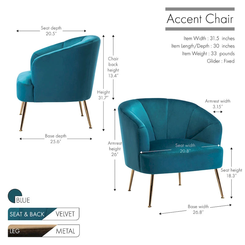Fauteuil d'appoint en velours capitonné avec pieds métalliques épurés