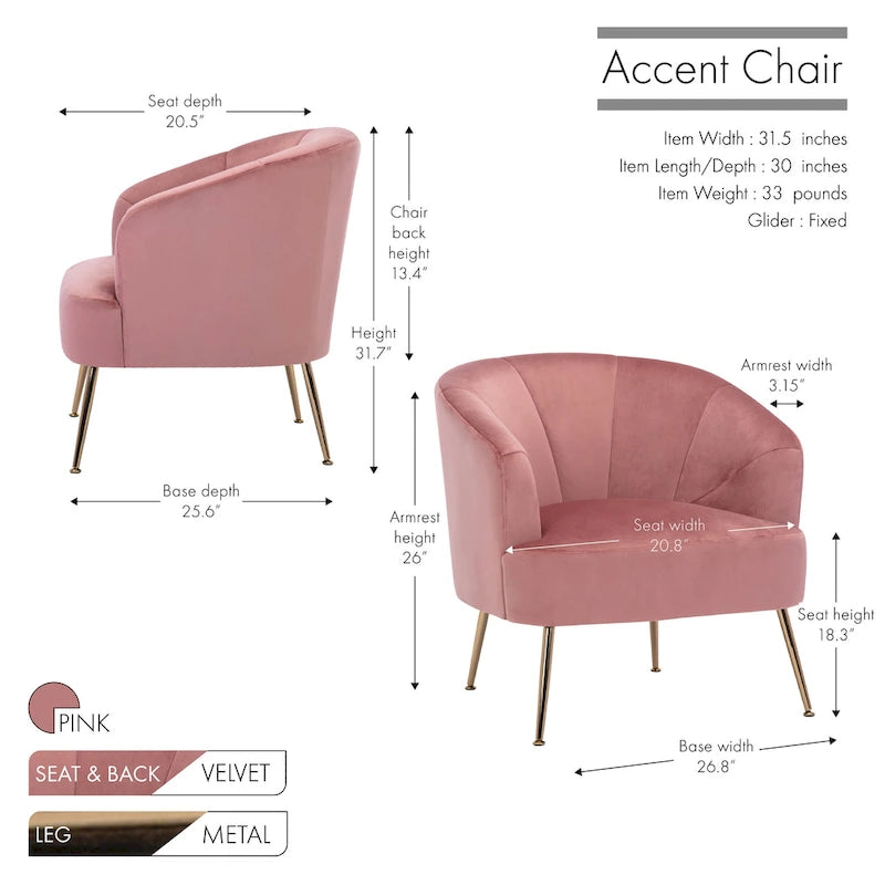 Fauteuil d'appoint en velours capitonné avec pieds métalliques épurés