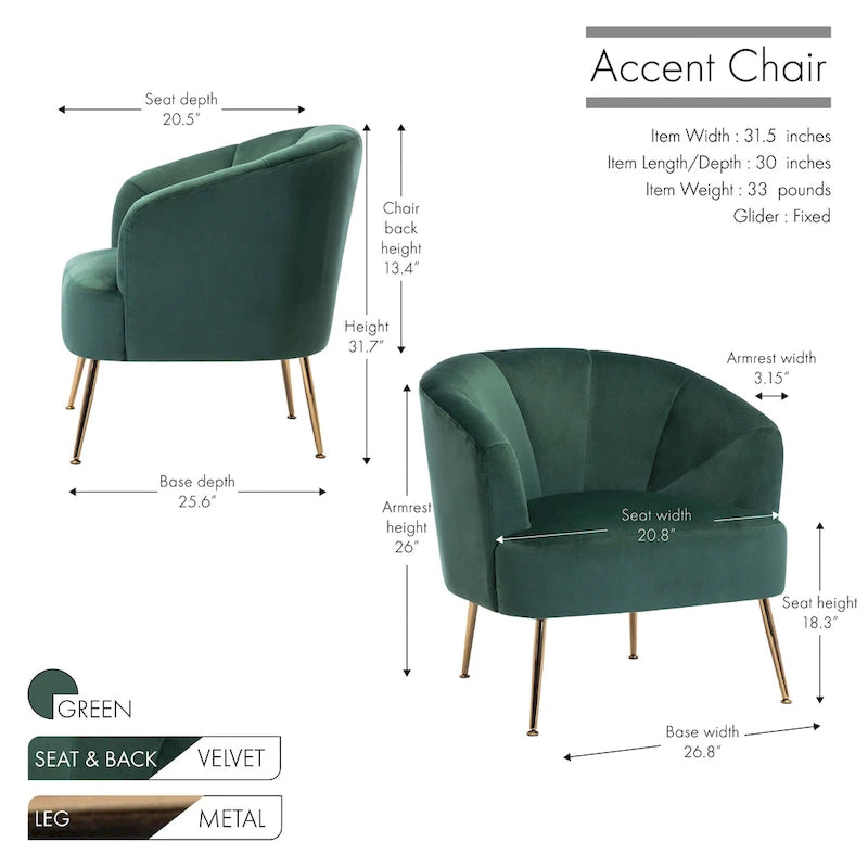 Fauteuil d'appoint en velours capitonné avec pieds métalliques épurés